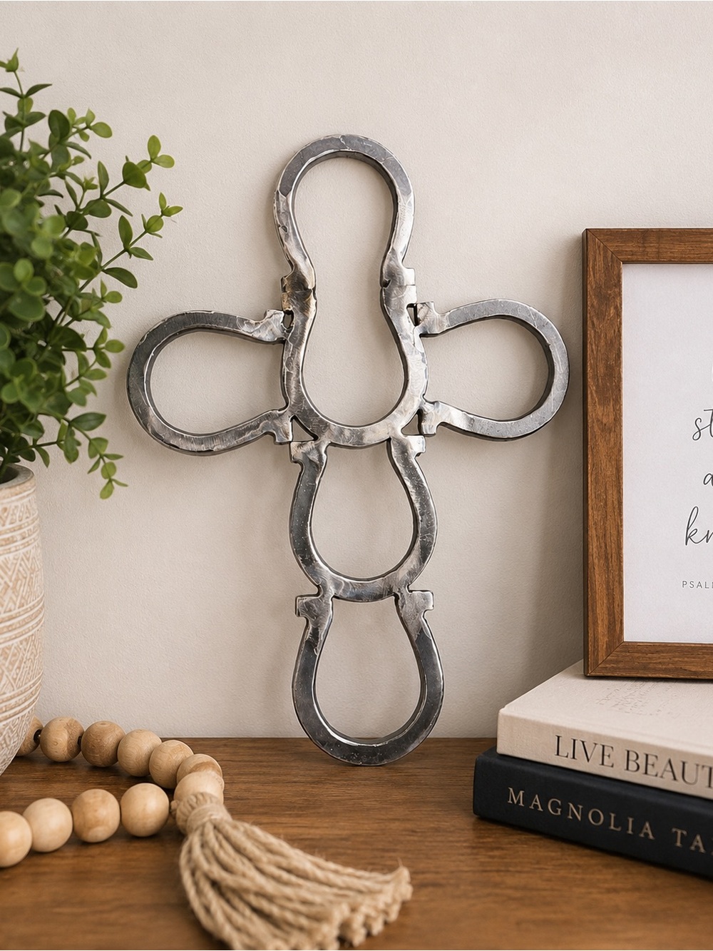 Hand Crafted Silver metal horseshoe cross